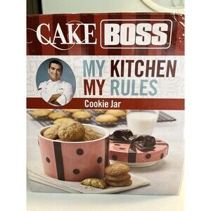 NIB ~ CAKE BOSS Cookie Jar Ceramic  Pink & Chocolate Polka Dot Ribbon & Bow